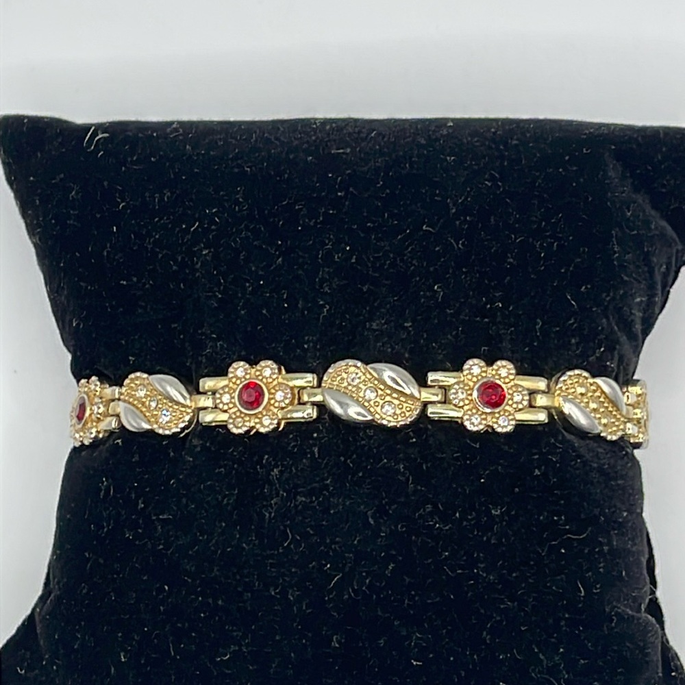 Gold Tone and Red Crystal Link Bracelet